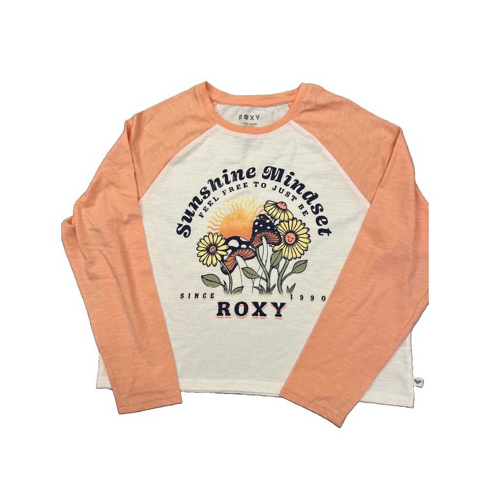 ROXY Girls Shirt Long Sleeve NWOT White&Peach Oversized Crop Sz 12-14